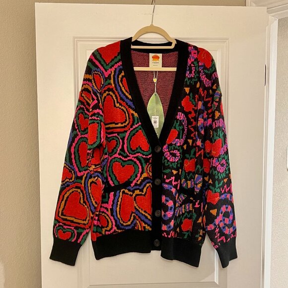 Farm Rio 'Forbidden Fruit' Black Red Heart Cardigan Sweater, NEW - Picture 1 of 5